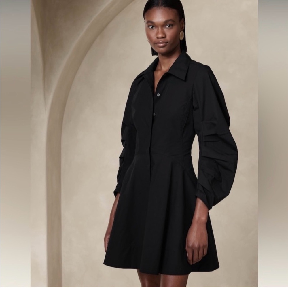 Banana Republic Paxton Poplin Pleated Balloon Sleeve Black Mini Dress Medium